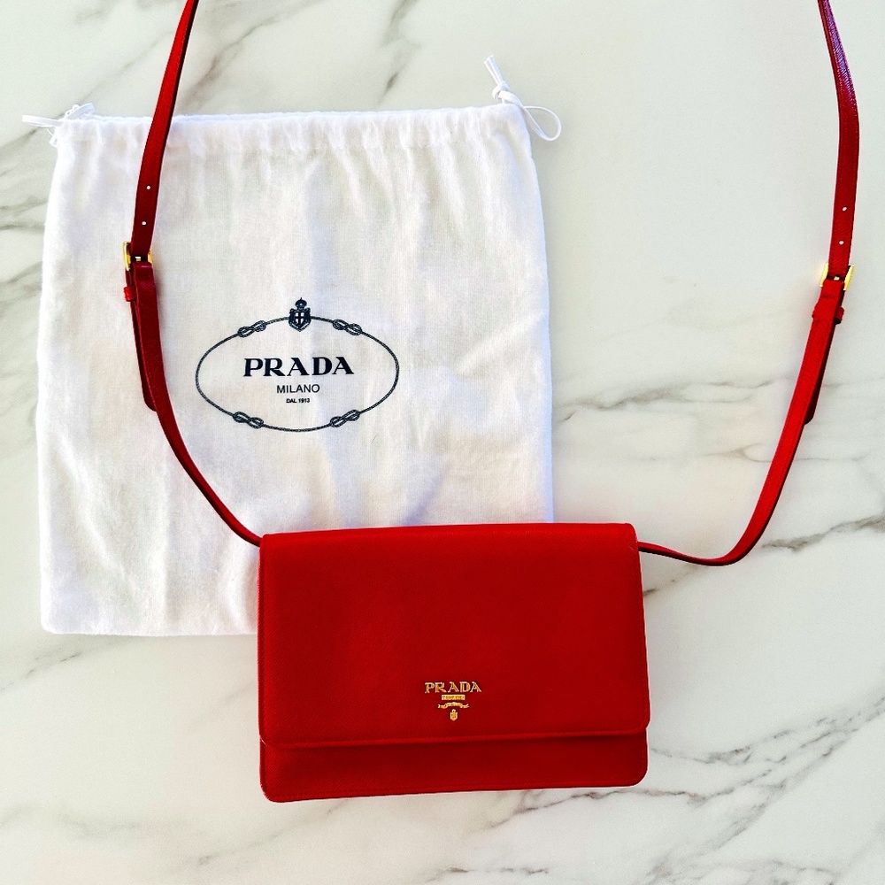 Prada Fiery Red Saffiano Leather Wallet on Strap Crossbody Bag